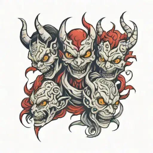 Three Red Little Demons Stitching A Torn Skin