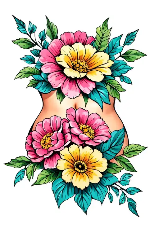 Plus Size Hip And Stomach Design Featuring Flowers