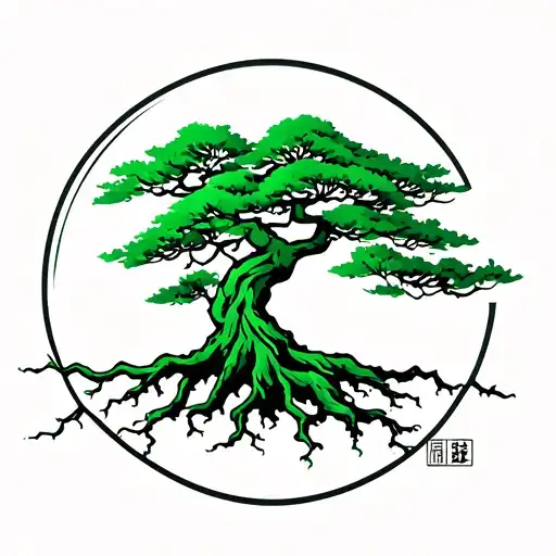 Japanese Tree With Roots And Branches Shaping Like A Logo With Green Color And Round Shaped Logo