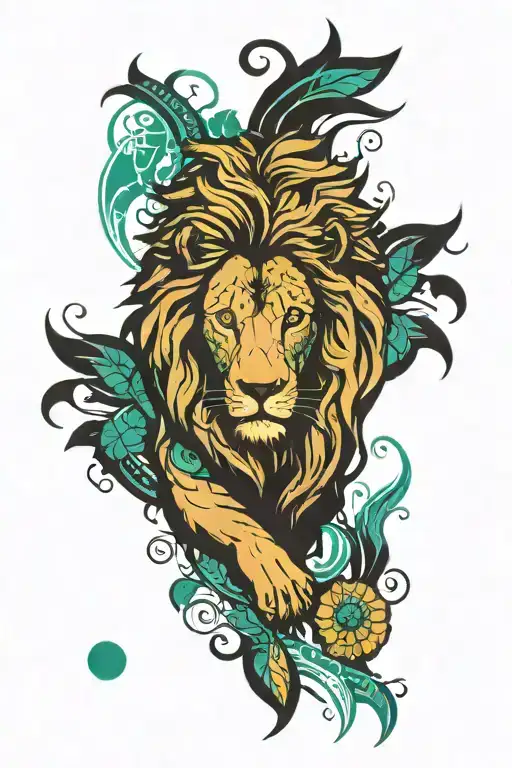 A Lion Silhouette Filled With Graffiti Patterns And A Shining Emerald Stone As Its Heart