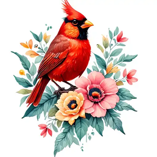 Cardinal Bird Rising Around Birth Flowers Of April And Feburary