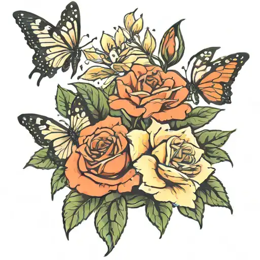 Tree Roses And Lily With Two Butterflys