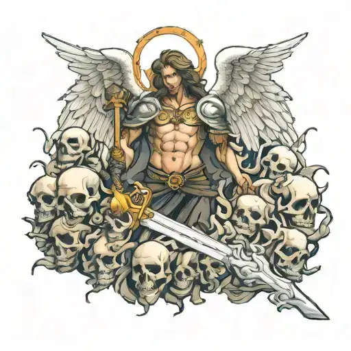 An Angel Holding A Sword Standing In A Pile Of Skulls