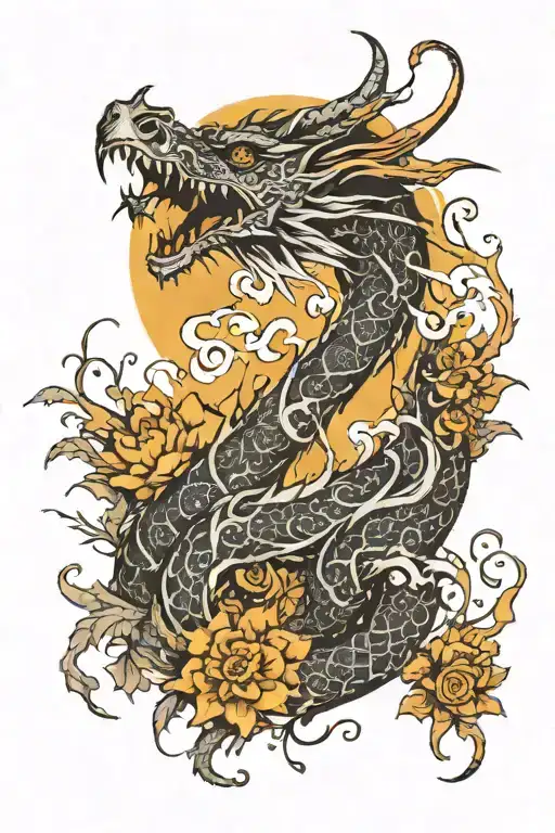 Dragon With Sun And Some Vines And Flowers Growing