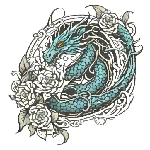 Dragon With A Sun And Vines And Flowers Intertwined