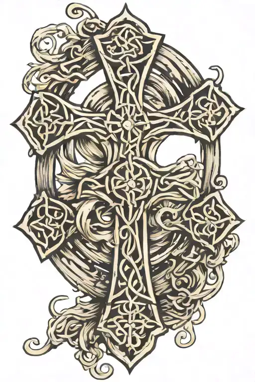 Celtic Knot Cross Surrounded By A Wind Storm Of Music Notes