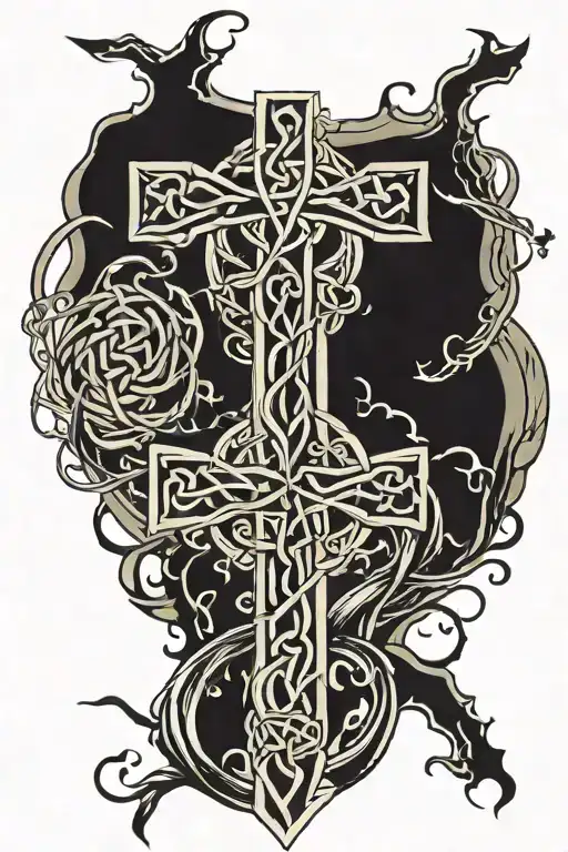 Celtic Knot Cross Surrounded By A Wind Storm Of Black Music Notes