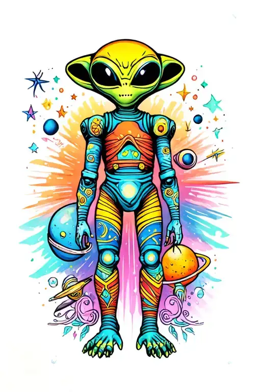 Leg Tattoos Colorful Space And Aliens
