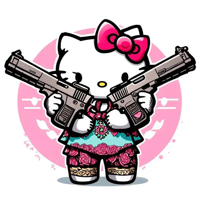 Hello Kitty Holding A Pistol In Each Hand Reaching