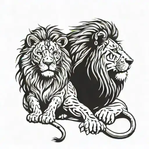 Lion Mother With 2 Boys Sitting