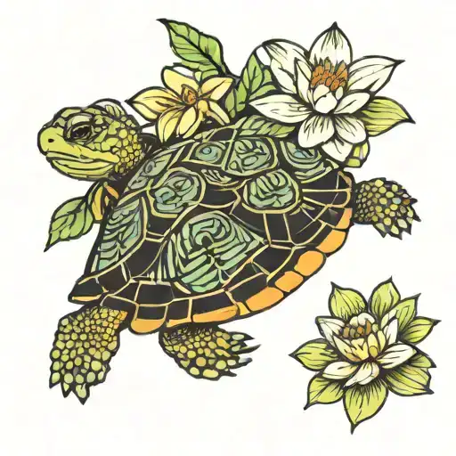 A Turtle With A Water Lily Flower