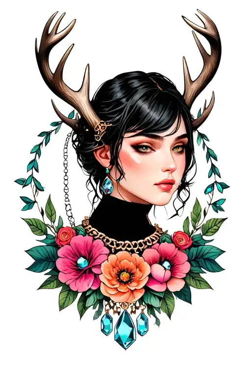 Floral With Antlers Underneath And Gems In The Shape Of Necklace