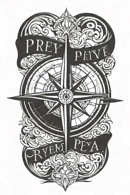A Traditional Style Tattoo Of A Compass Rose Text 'Preeya'