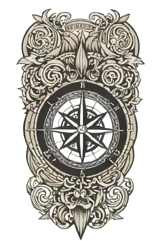 A Traditional Style Tattoo Of A Compass Rose Text 'Preeya'