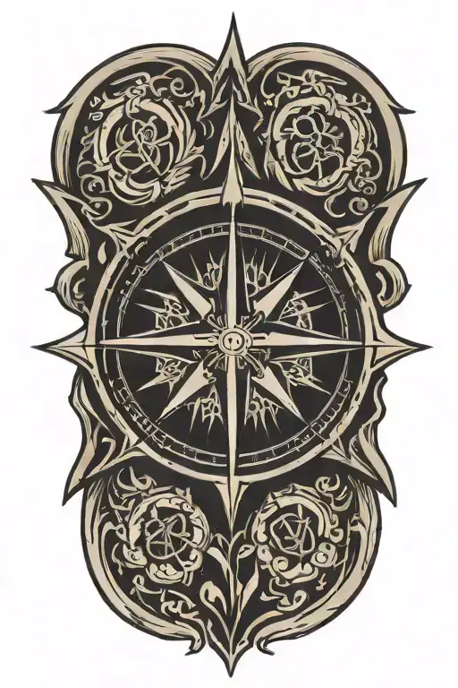 A Traditional Style Tattoo Of A Compass Rose Text 'Preeya'