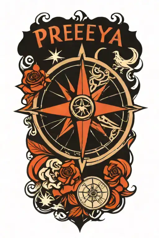 A Traditional Style Tattoo Of A Compass Rose Text 'Preeya'