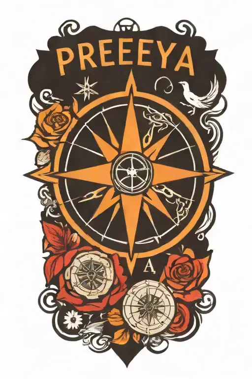 A Traditional Style Tattoo Of A Compass Rose Text 'Preeya'