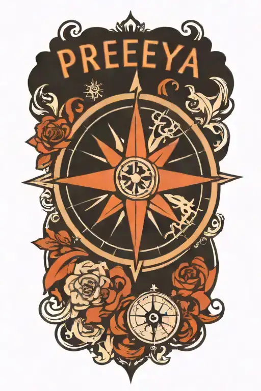 A Traditional Style Tattoo Of A Compass Rose Text 'Preeya'