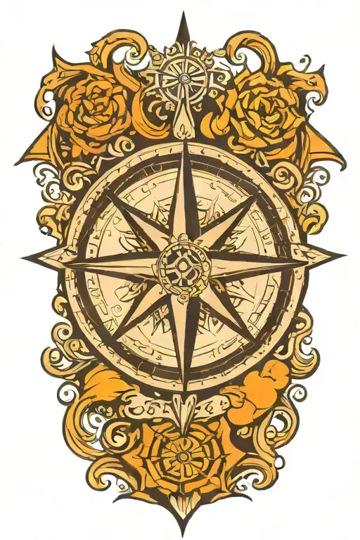 A Traditional Style Tattoo Of A Compass Rose Text 'Preeya'