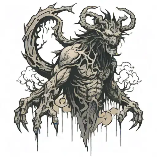 Draw A Gigantic Creature With 7 Arms In The Darkness Of The Forest And Surrounded By Clouds