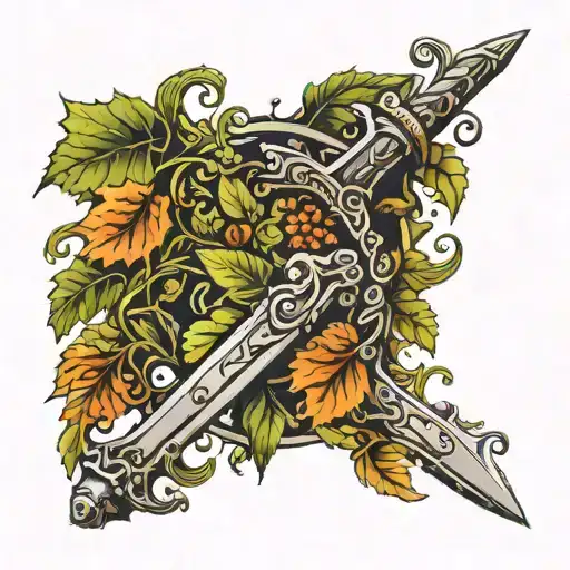Vines And Leafs Holding A Up A Sword