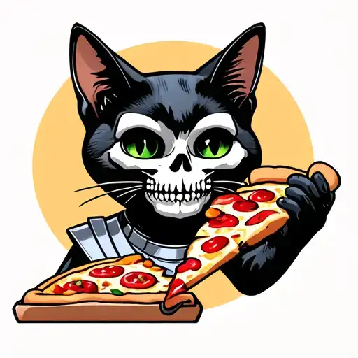 Black Cat Wearing Skeleton Armor And Eating Pizza