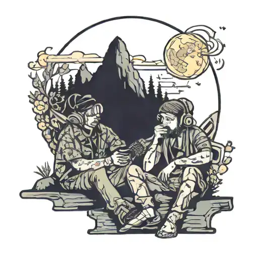 Two Best Friends Listening To Music At Full Moon Night On A Small Mountain