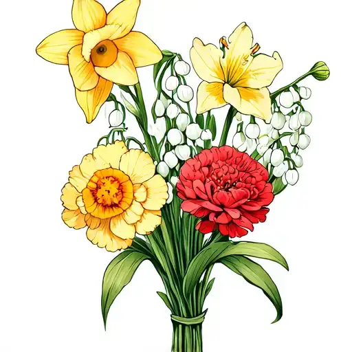 Birth Flower Bouquet 3 Daffodils 2 Carnations 1 Marigold 1 Lily Of The Valley With 9 Bulbs