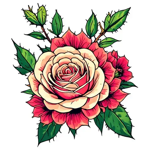 Cactus And Roses Blooming