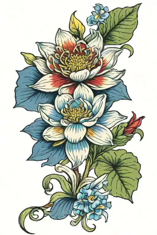 Blue And Yellow Water Lily Red Spider Lily And White Pansies Flower