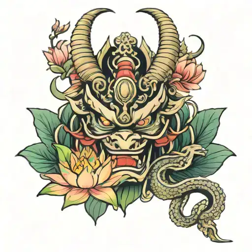 Samurai Mask Dragon Lotus Flower Large