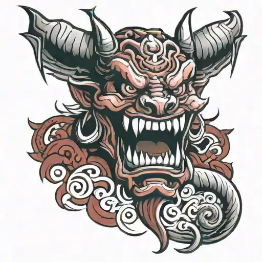 Red Oni With Scroll In Mouth