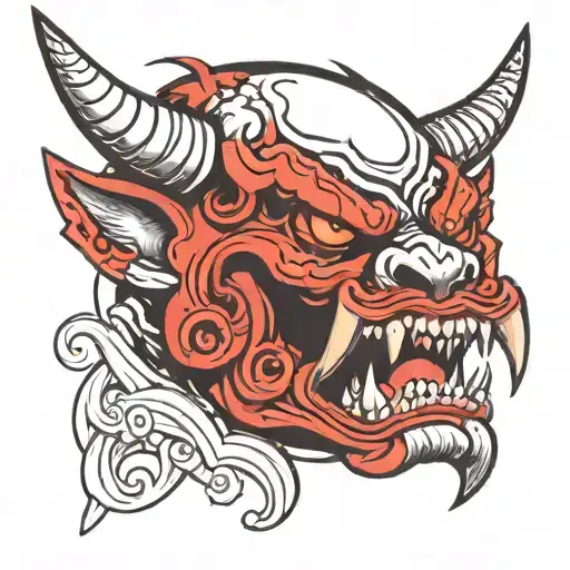 Red Oni Mask With Scroll In Mouth