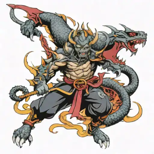 Oni Fighting A Dragon