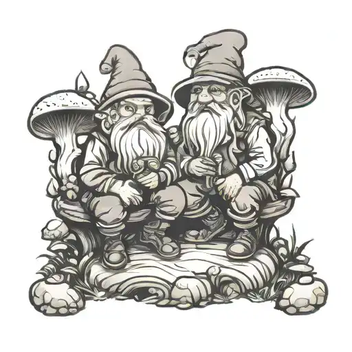 2 Old Gnomes Sitting Together Under A Mushroom Forest