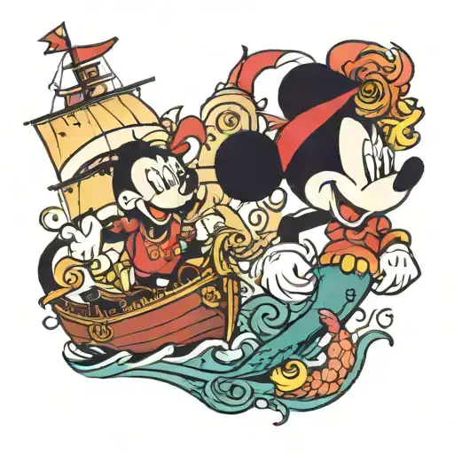 Mickey Mouse With A Ship With Little Mermaid And Sebastian