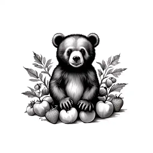 Baby Bear Surrounded By Strawberries And Peaches