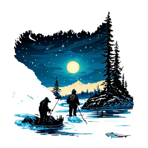Ice Fishing Scene At Night