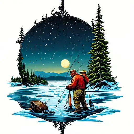 Ice Fishing Scene At Night