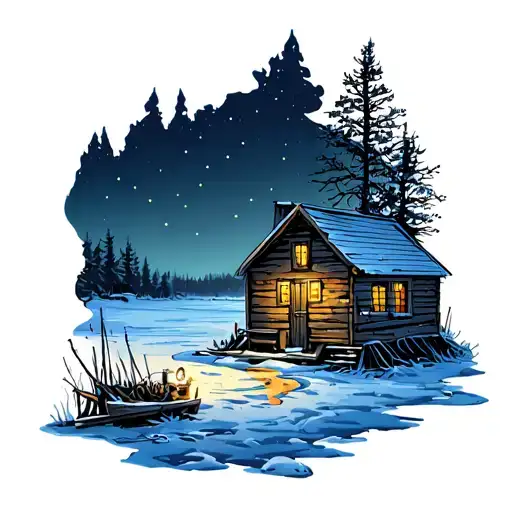 Ice Fishing Shack Scene At Night