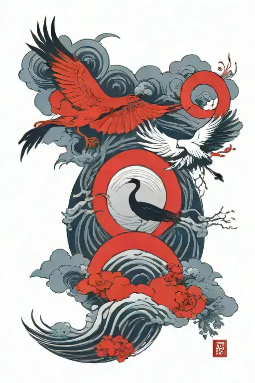 Enso Circle Wave Surround A Tori Gate And A Crane Bird