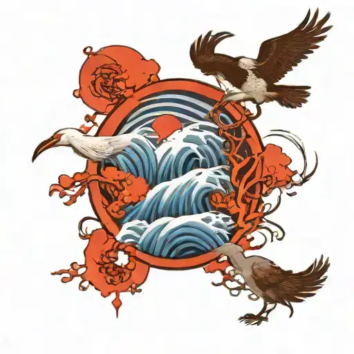 Enso Circle Wave Surround A Tori Gate And A Crane Bird