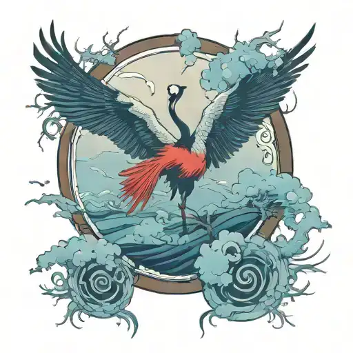 Enso Circle Surround A Tori Gate And A Crane Bird