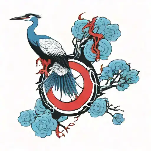 Enso Circle Contains A Tori Gate And A Crane Bird