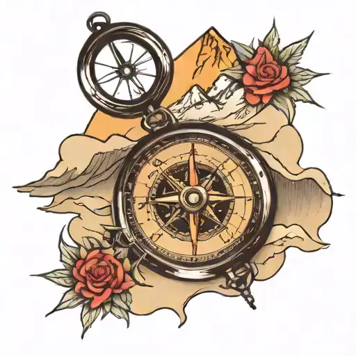 Hiking Compass Over Map Leading To Mountains With Setting Sun In Background