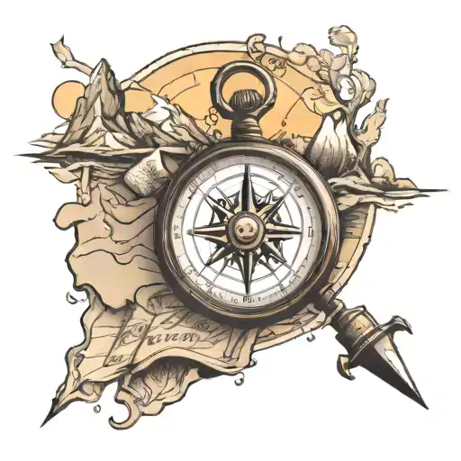 Hiking Compass Over Old Map Leading To Alpine Mountains With Setting Sun In Background