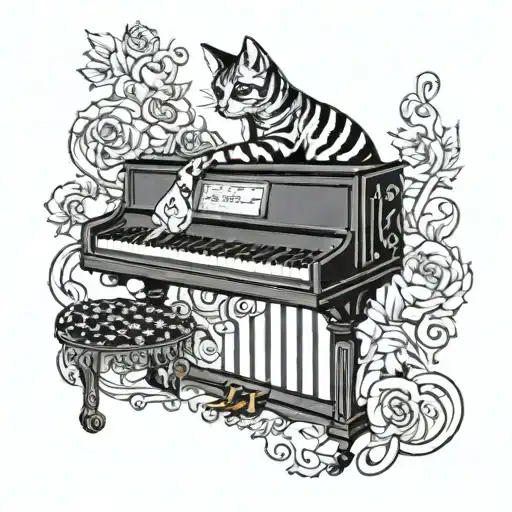 A Blackwork Tattoo Of A Cat Playing A Piano