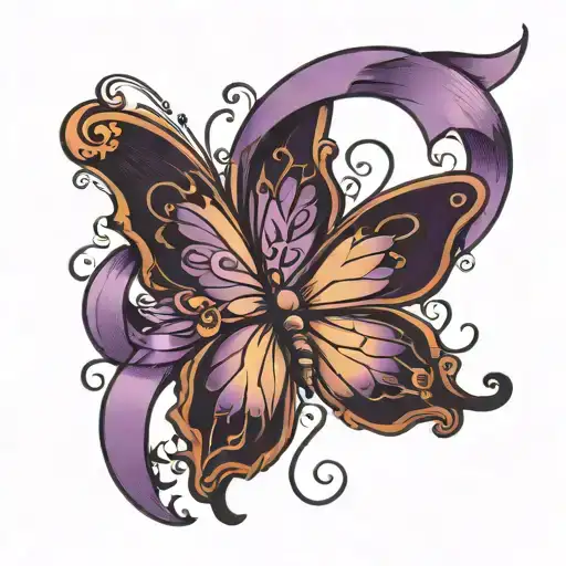 Broken Purple Butterfly With A Purple Ribbon Symbolising Fibromyalgia