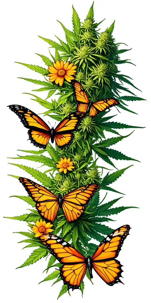Cannabis Flowering With Lots Of Butterflies Fluttering