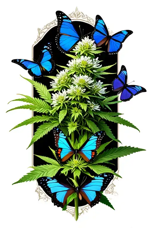 Cannabis Flowering With Lots Of Blue Butterflies Fluttering